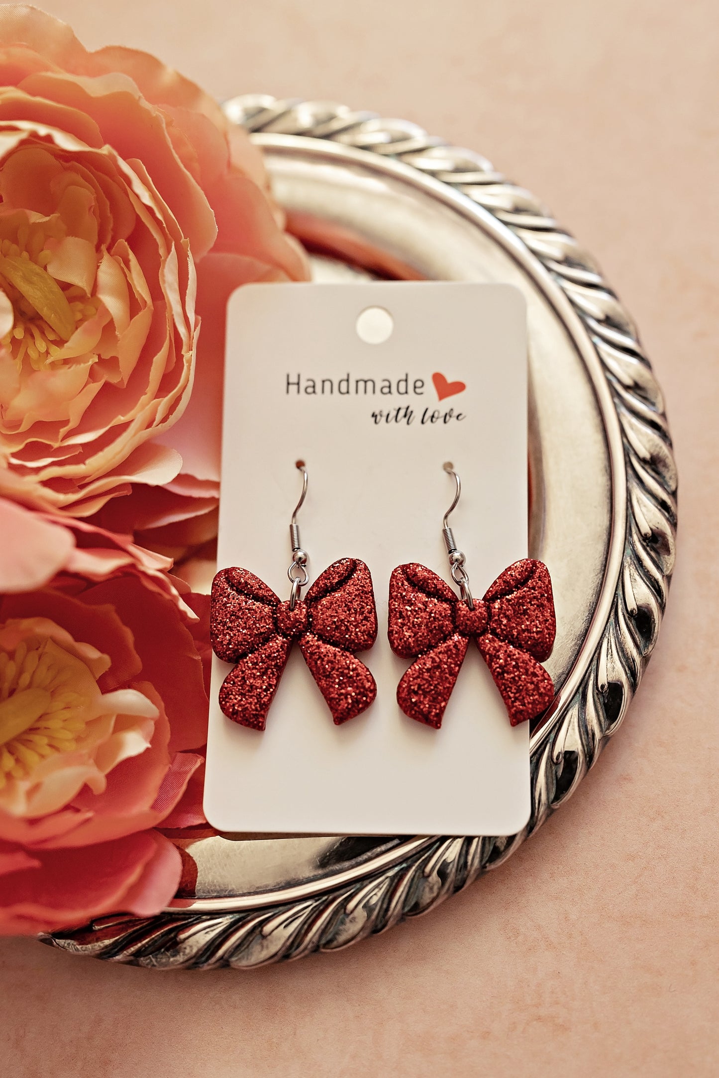 Sparkly Red Bow Dangles