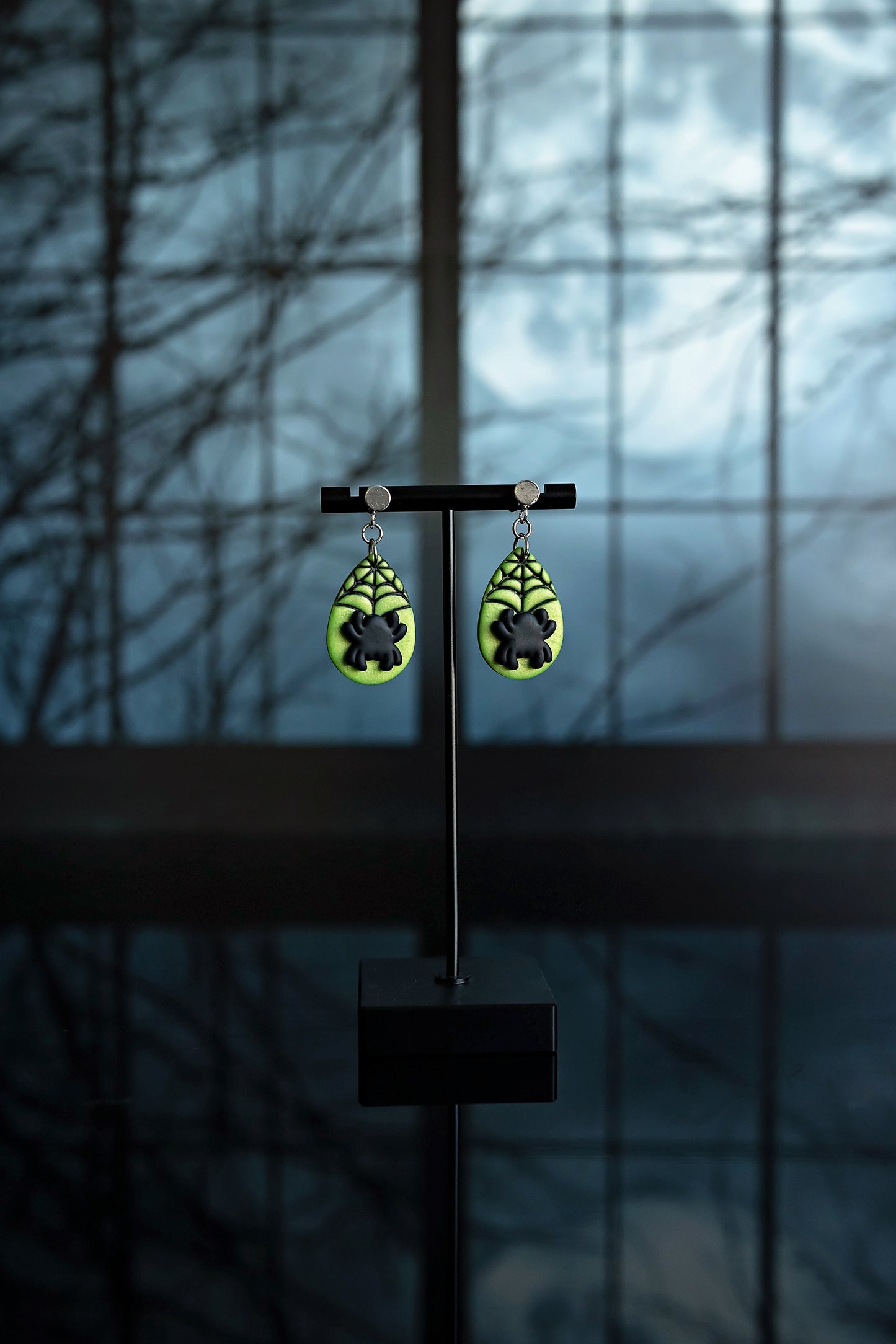 Green Teardrop Spiderweb Dangles